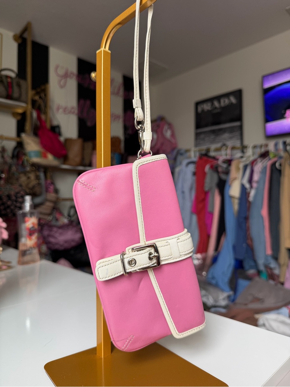 Vintage Coach Hamptons Pink White Leather Buckle Wristlet Clutch Y2K